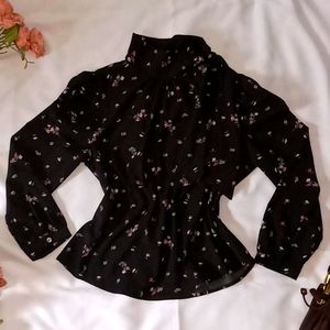 KONTROL Black turtleneck chiffon Floral long sleeve blouse with Neck Tie